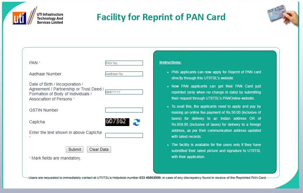 Reprint of PAN card can be ordered through the portal;s of both UTITSL and NSDL.