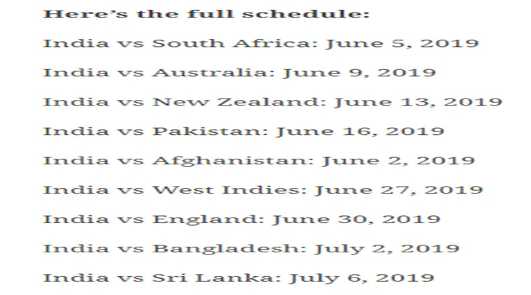 Worldcup 2019, India's schedule