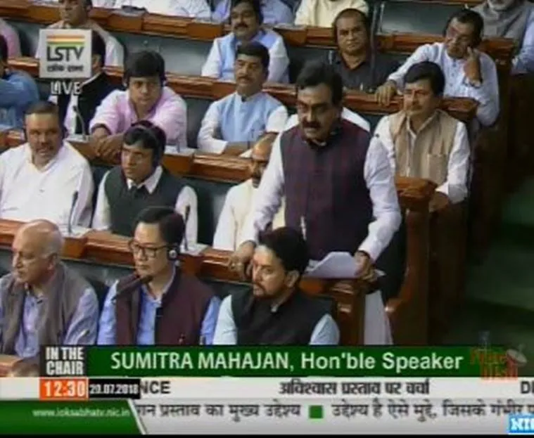 BJP MP Rakesh Singh speaking in Lok Sabha during the debate and voting of the no-confidence motion against the NDA government.