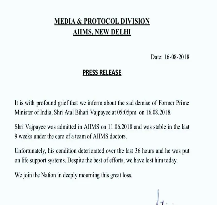 Atal Bihari Vajpayee dies