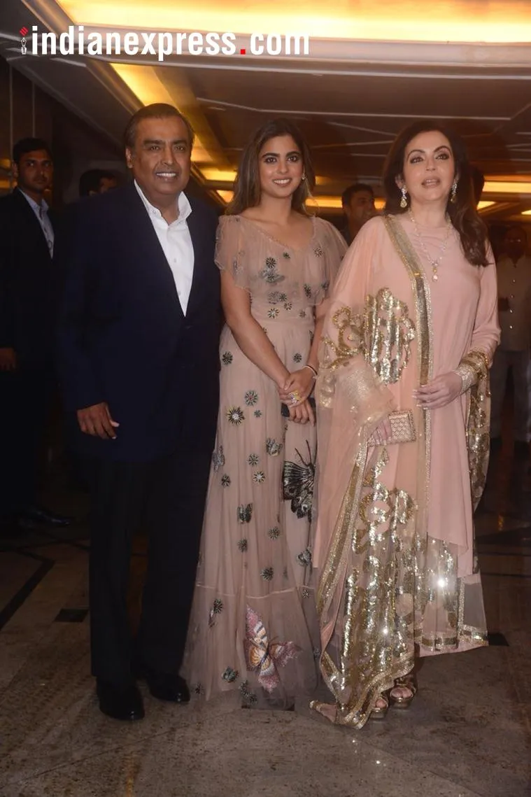 Mukesh Ambani, Isha Ambani and Nita Ambani at Nick Jonas and Priyanka Chopra’s party (Photo: Varinder Chawla)