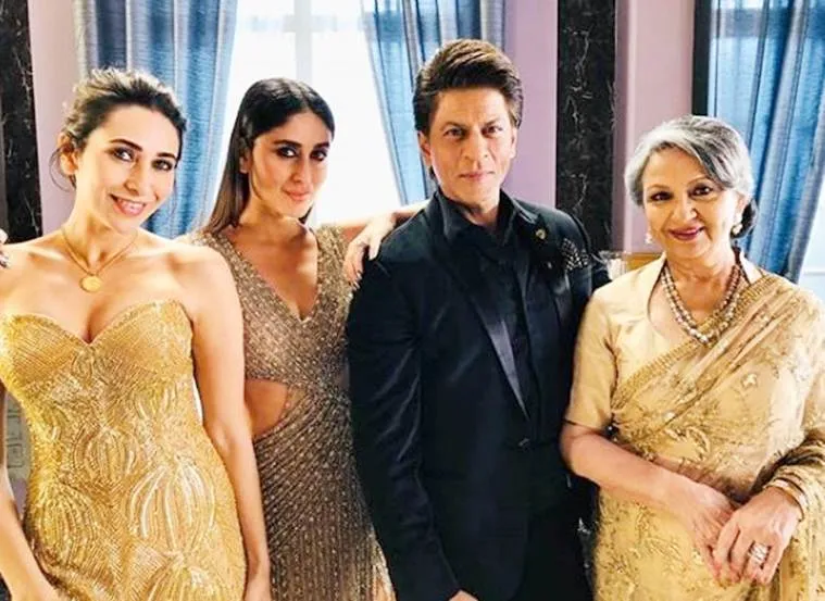 Kareena Kapoor posed with Shah Rukh Khan and mother-in-law Sharmila Tagore. The picture also has Karisma Kapoor. (Photo credit: Karisma Kapoor/Instagram)