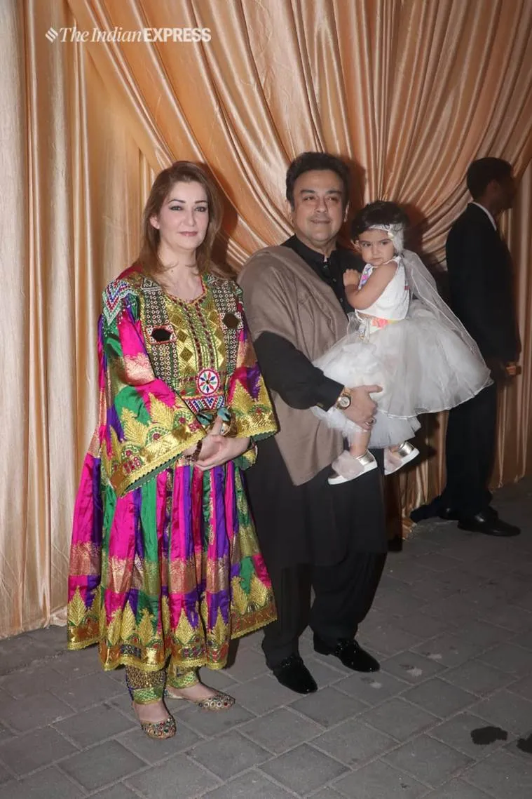 Adnan Sami, wife Roya Sami Khan and daughter Medina Sami Khan arrive for Isha Ambani and Anand Piramal's wedding reception. (Photo by Varinder Chawla)