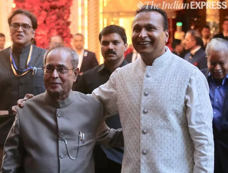Former president Pranab Mukherjee arrives for Isha Ambani and Anand Piramal’s wedding. Pranab was welcomed by Mukesh Ambani’s brother Anil Ambani. (Photo by Nirmal Harindran)