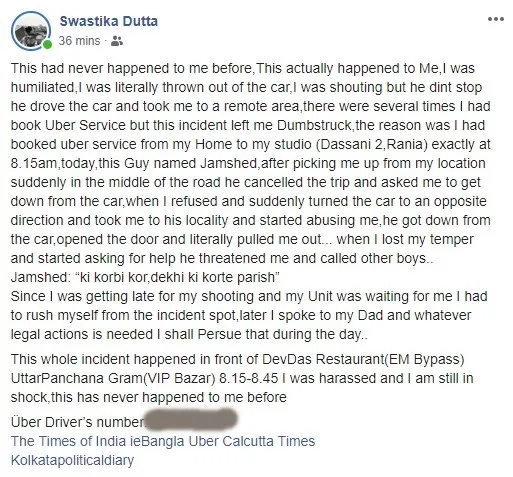 Bengali actress Swastika Dutta complains harrassment by app cab Uber driver