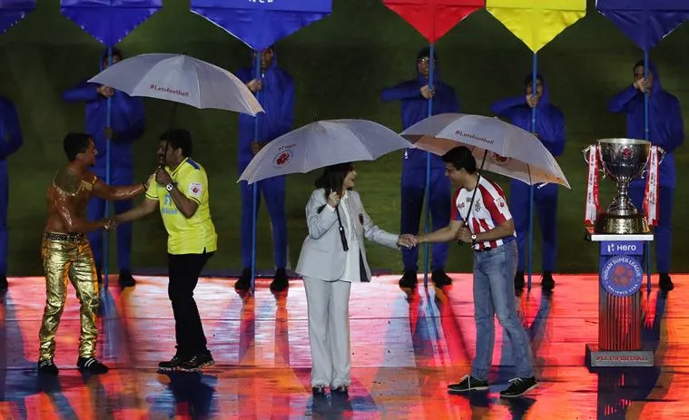 FSDL chairman Nita Ambani , Sourav Ganguly, ATK chairman Sanjiv Goyenka, Chiranjibi at stage with Disha Patani and Tiger Shrof during the opening ceremony and first match of the Indian Super League ( ISL ) between the Kerala Blasters FC and ATK held at the Jawaharlal Nehru Stadium, Kochi, India on the 20th October 2019.