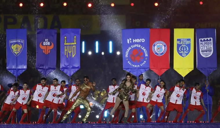 Actor Tiger Shroff and Actor Disha Patani during the opening ceremony and first match of the Indian Super League ( ISL ) between the Kerala Blasters FC and ATK held at the Jawaharlal Nehru Stadium, Kochi, India on the 20th October 2019.