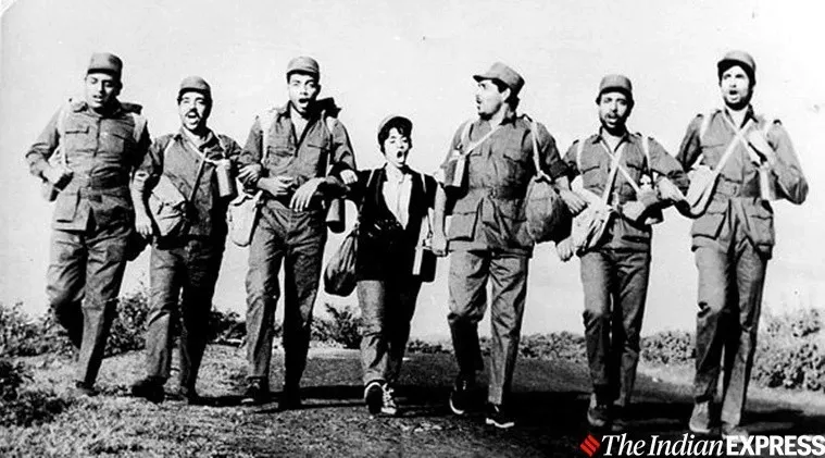 Amitabh Bachchan (extreme right) in film Saat Hindustani. (Photo: Express Archive)