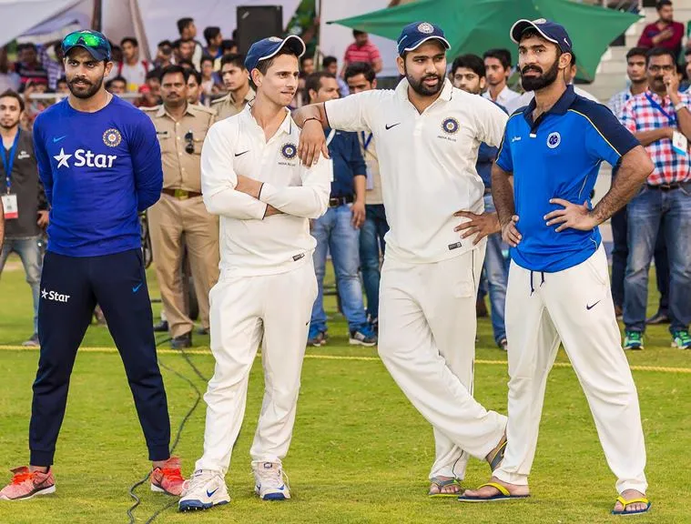 Siddesh Lad with Ravindra Jadeja, Rohit Sharma and Dinesh Karthik