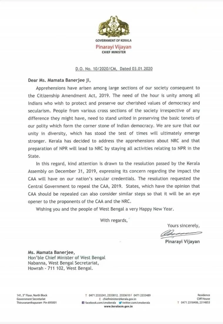 pinarayi vijayan, পিনারাই বিজয়ন, কেরালার মুখ্যমন্ত্রী, mamata banerjee, মমতাকে চিঠি বিজয়নের, কেরালার মুখ্যমন্ত্রীর চিঠি, ১১ জন অবিজেপি মুখ্যমন্ত্রীকে চিঠি, সিএএ, kerala chief minister, caa protest, vijayan caa letter, indian express bangla