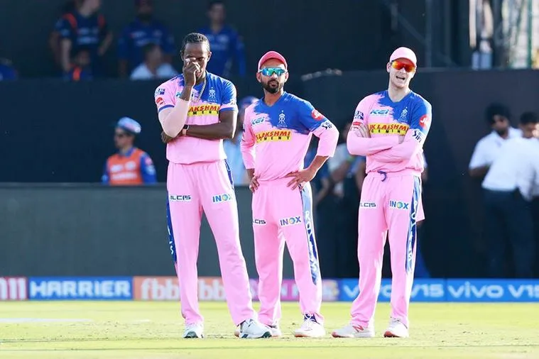 Jofra Archer with Ajinkya Rahane and Steve Smith