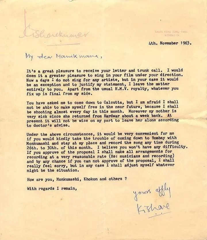 Kishore Kumar's letter to Satyajit Ray