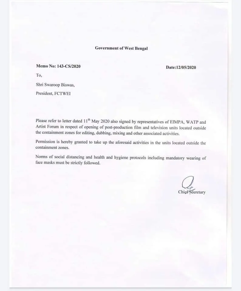 Post production of Films TV serials outside containment zones permission granted by Govt of WB