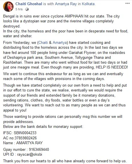 Actress Chaiti Ghoshal and son Amartya feeding homeless Amphan Affected people in Kolkata