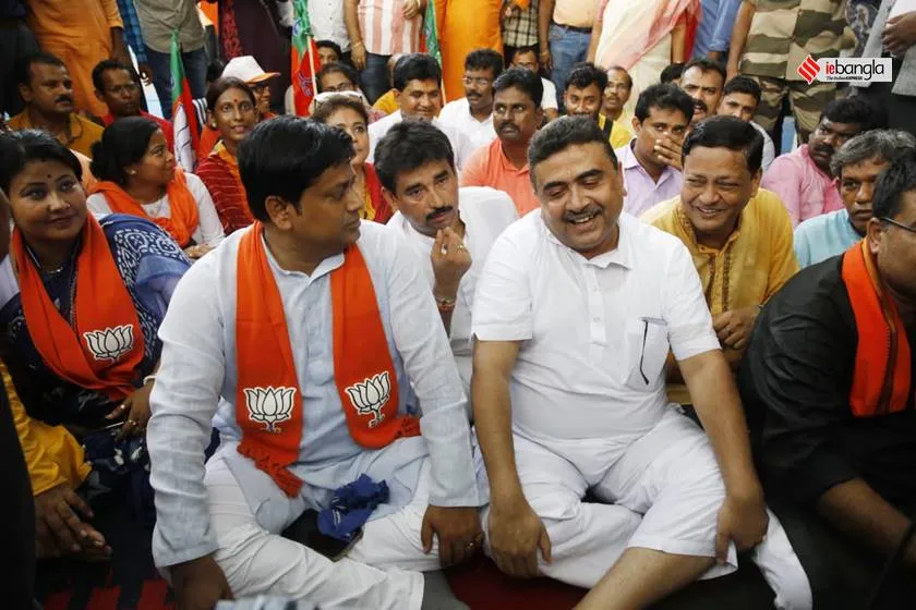 Suvendu Adhikari and Bengal BJP leaders sit on demonstration at Gandhi Murti
