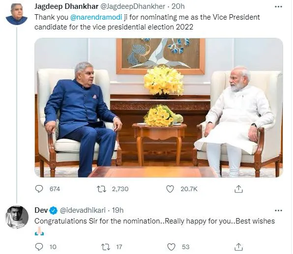 TMC MP and Actor Dev congratulates Jagdeep Dhankhar for VP nomination