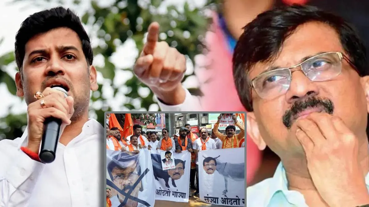 Shivsena Workers Spits On Sanjay Raut Face Banner Morph Picture With Donkey Shinde Group Ladies Beats With Shoes Photos Viral