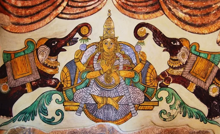 Paintings of Goddess Lakshmi on the inner walls of the Tanjore Big temple.