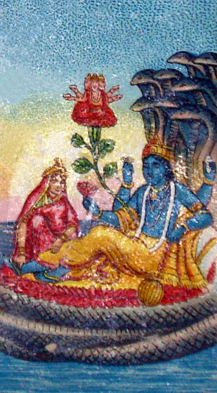 Goddess Laxmi with Vishnu. Lithograph showcards were inserted in cigarette boxes during the early 19th Century. 