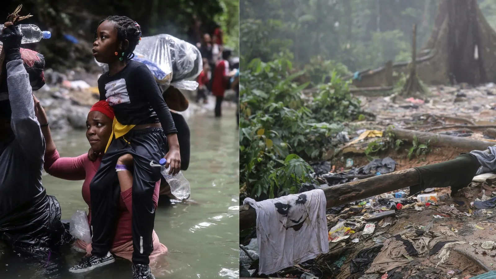 Haitian migrants wade through water as they cross the Darien Gap from Colombia to Panama in hopes of reaching the U.S., May 9, 2023. Clothing and garbage litter the migrants' trail.