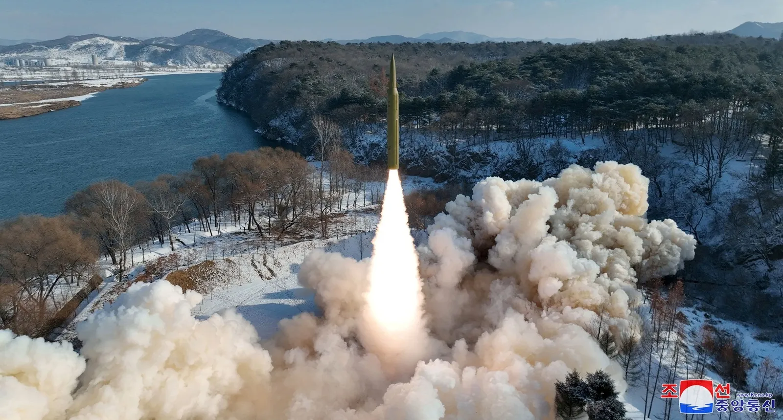 Ballistic missile, said to be solid-fuel and hypersonic, launches during a test at an unspecified location in North Korea in this picture released by the Korean Central News Agency on January 14, 2024.