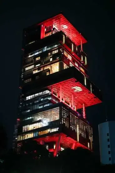 Antilia, the residence of the Ambani family, decks up with decorative lighting ahead of Mukesh Ambani's son, Anant Ambani's wedding with Radhika Merchant.