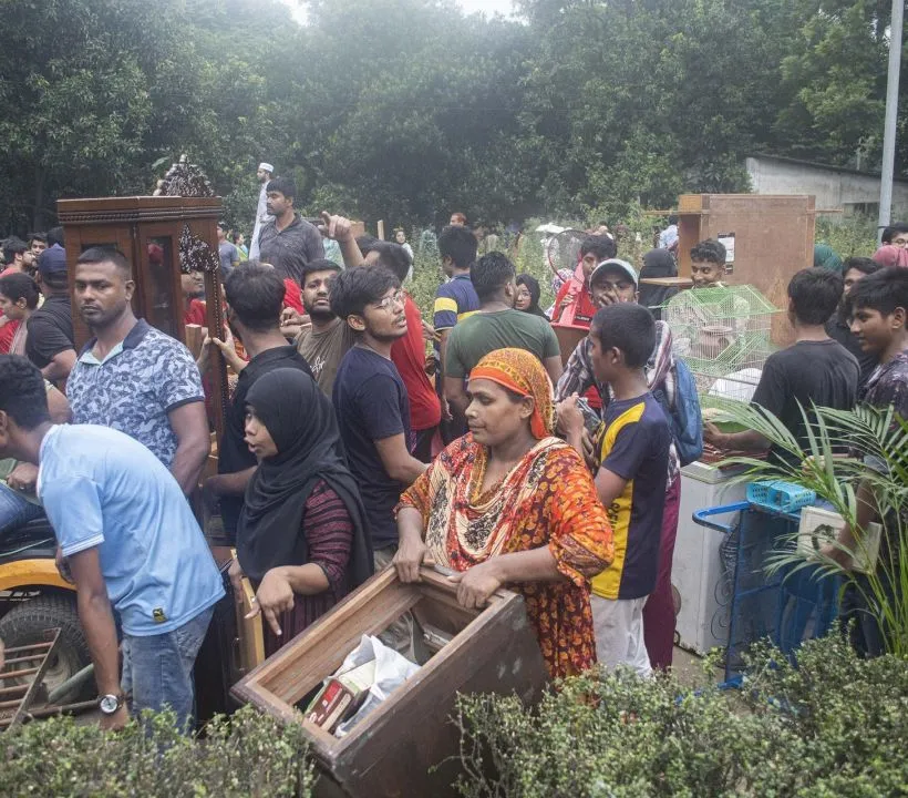 Upon resigning, Hasina fled the country and landed at Hindon Airbase in India. Videos and images quickly spread online showing the enraged protesters carrying away items from Ganabhaban, including furniture and raw food.