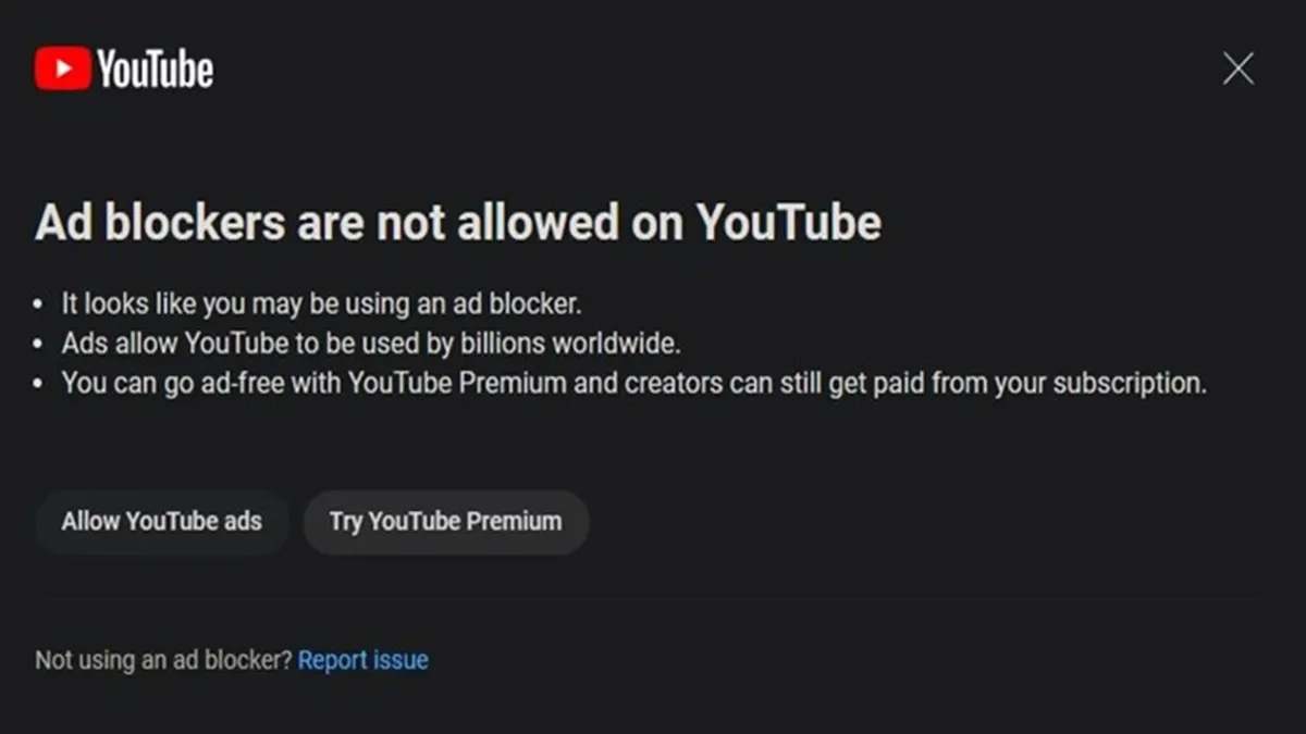 Ad blocker not allowed on Youtube
