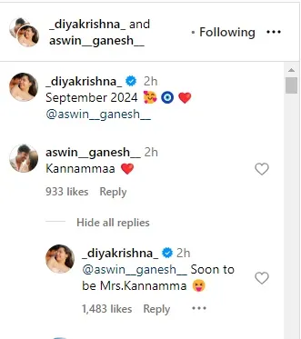 Diya Krishna wedding date