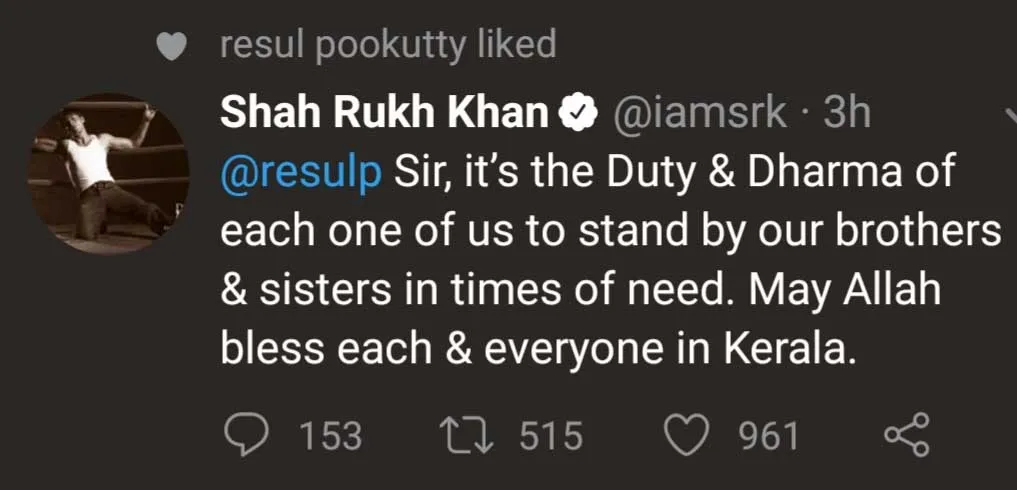 Shah Rukh Khan tweet on Kerala Floods