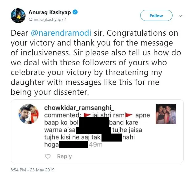 Anurag Kashyap, അനുരാഗ് കശ്യപ്, rape, ബലാത്സംഗം, daughter, മകള്‍, Social Media, സോഷ്യല്‍മീഡിയ, Narendra Modi, നരേന്ദ്രമോദി Twitter, ട്വിറ്റര്‍, ie malayalam, ഐഇ മലയാളം 