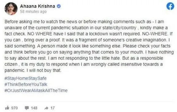 Ahana facebook post
