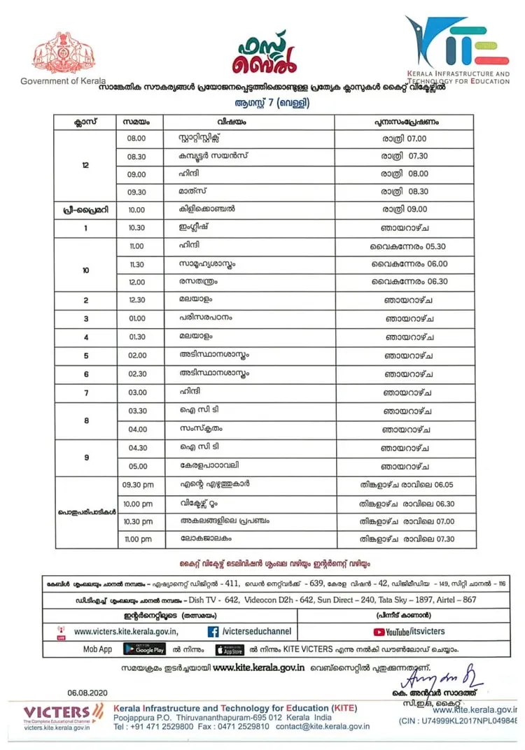 Victers Channel Online Classes Time Table for August 07 2020വിക്ടേഴ്സ്