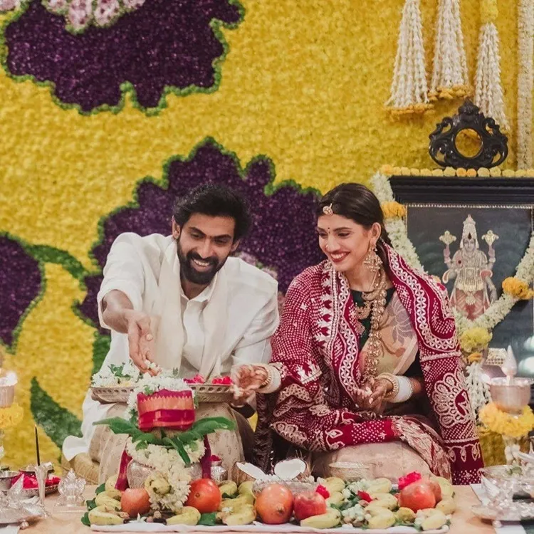 Rana Daggubati, Miheeka Bajaj, Rana Daggubati Miheeka Bajaj, Rana miheeka post wedding celebration, Rana daggubati miheeka bajaj satyanarayana puja, Samantha Akkineni, Naga Chaitanya, റാണാ ദഗ്ഗുബാട്ടി, മിഹീഖ, സാമന്ത, നാഗ ചൈതന്യ