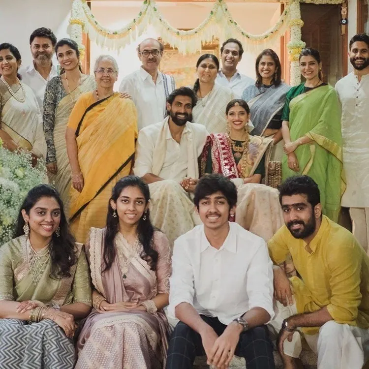 Rana Daggubati, Miheeka Bajaj, Rana Daggubati Miheeka Bajaj, Rana miheeka post wedding celebration, Rana daggubati miheeka bajaj satyanarayana puja, Samantha Akkineni, Naga Chaitanya, റാണാ ദഗ്ഗുബാട്ടി, മിഹീഖ, സാമന്ത, നാഗ ചൈതന്യ