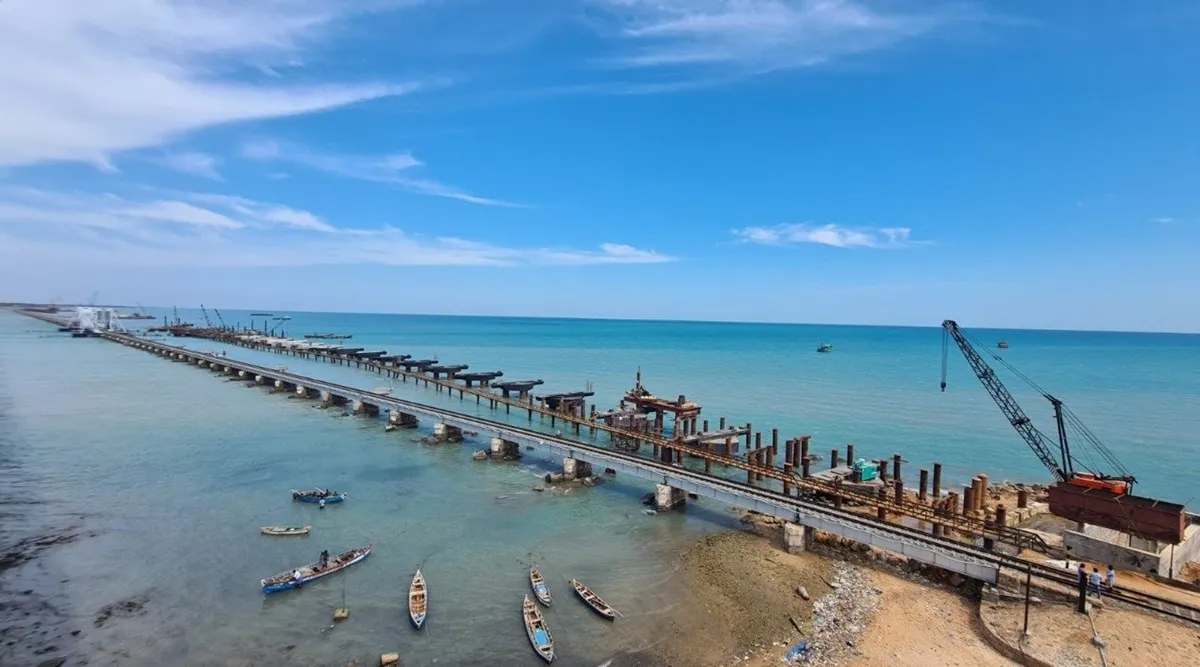 pamban bridge, pamban bridge rameswaram, new pamban bridge, new pamban bridge rameswaram, new pamban bridge specialities, new pamban bridge photos, new pamban bridge video, new pamban bridge first Vertical Lift Railway Sea Bridge, new pamban bridge indian railways, railways, old pamban bridge, indian express malayalam, ie malalayam