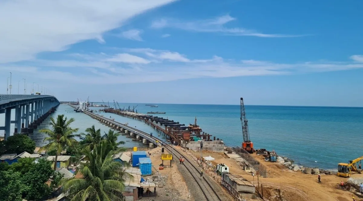 pamban bridge, pamban bridge rameswaram, new pamban bridge, new pamban bridge rameswaram, new pamban bridge specialities, new pamban bridge photos, new pamban bridge video, new pamban bridge first Vertical Lift Railway Sea Bridge, new pamban bridge indian railways, railways, old pamban bridge, indian express malayalam, ie malalayam