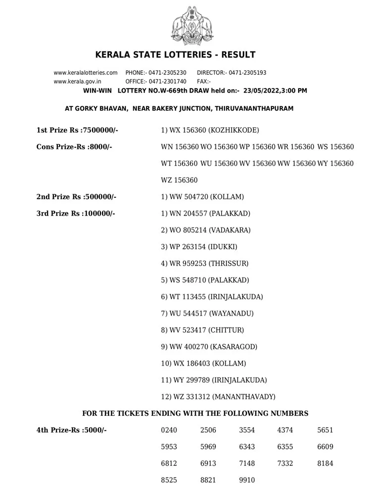 Win Win W-669 result, kerala lottery, ie malayalam