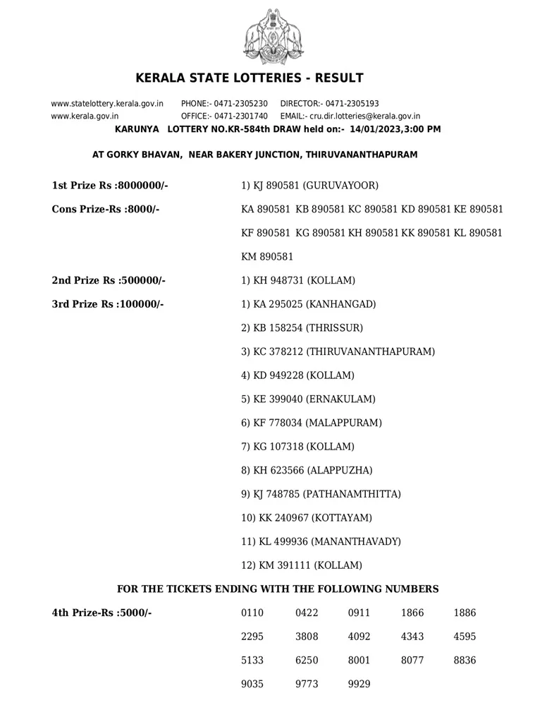 Karunya KR-584 result, kerala lottery, ie malayalam