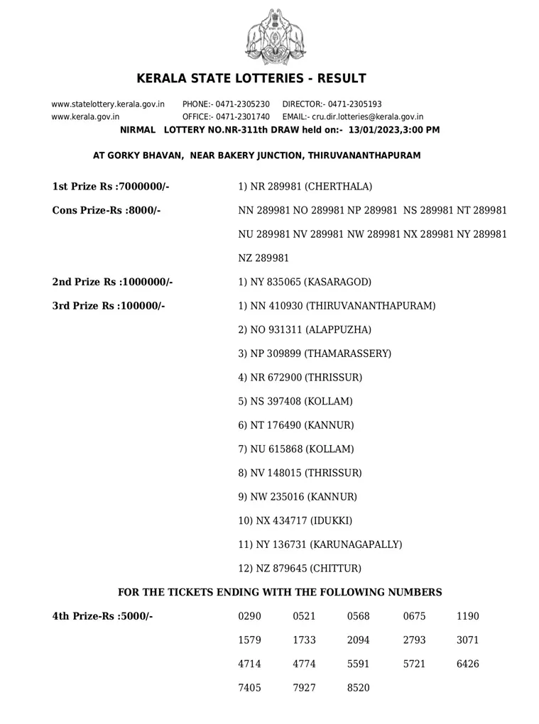 Nirmal NR-311 result, kerala lottery, ie malayalam