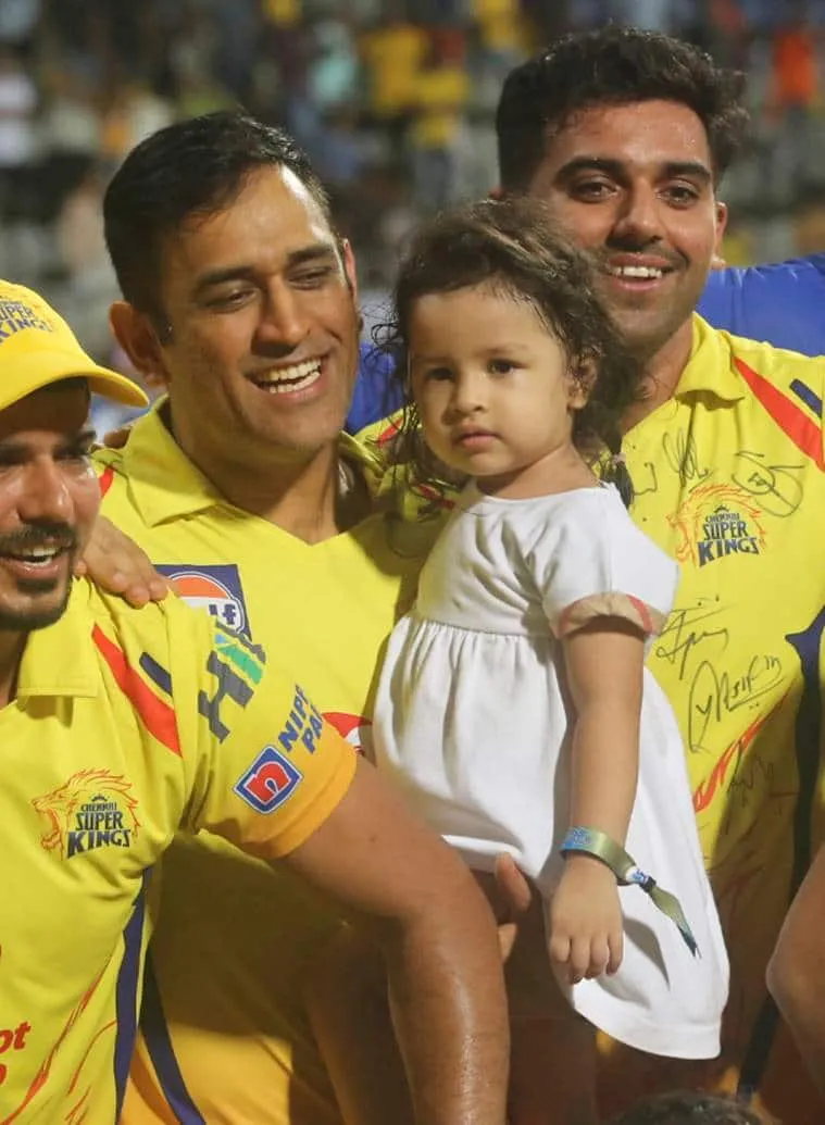 Chennai Super Kings Mahinder Singh Dhoni along with his daughter Ziva celebrates after winning against Sunrisers Hyderabad's at VIVO IPL cricket T20 final match in Mumbai, India