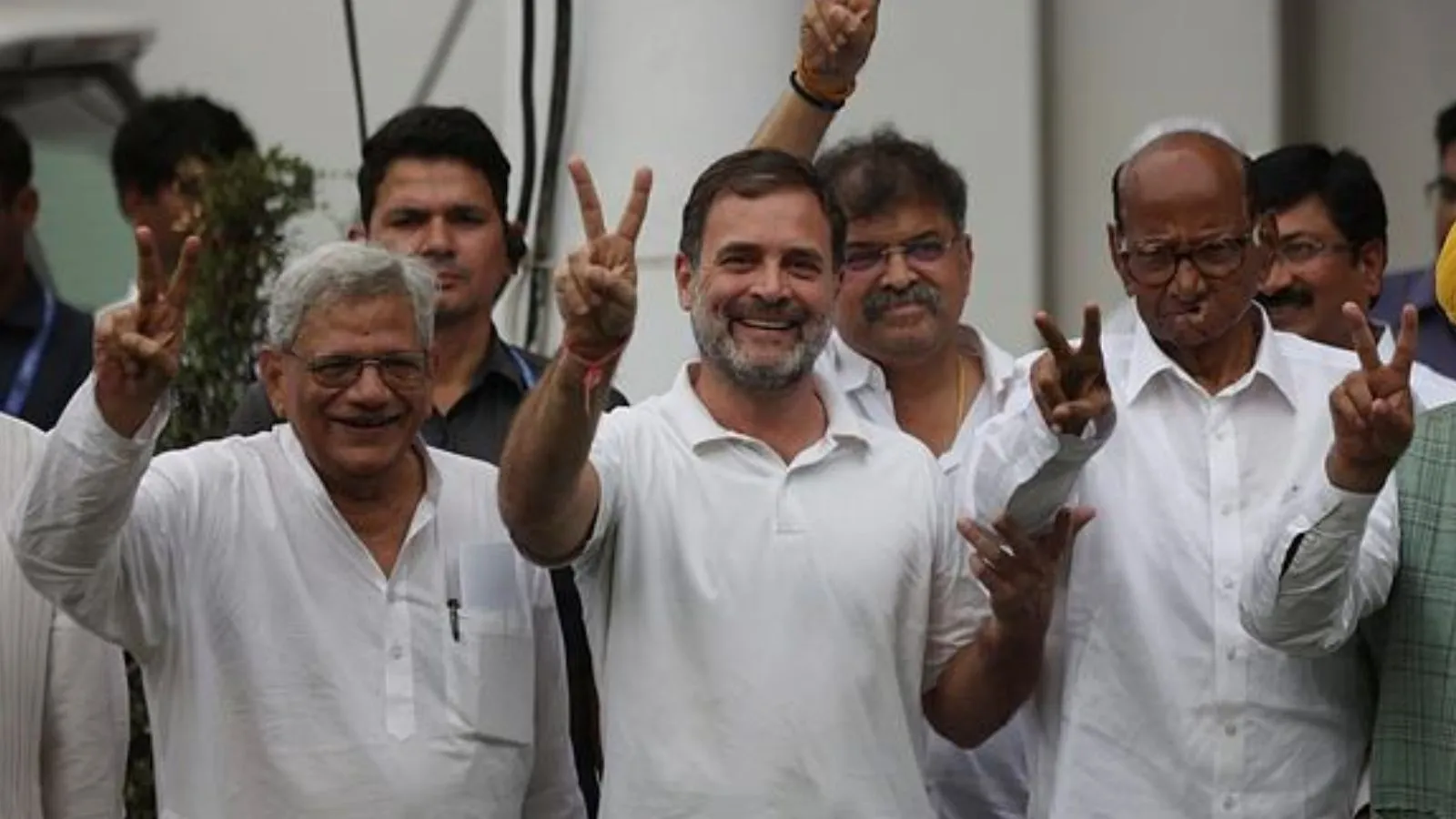 The India Alliance leaders Mallikarjuna Kharge, Sonia Gandhi, Rahul Gandhi, Sharad Pawar, Arvind Kejriwal, Champai Soren, D Raja , Sitaram Yechury and others during a press statement after their alliance meeting in New Delhi. (Express Photo by Tashi Tobgyal)