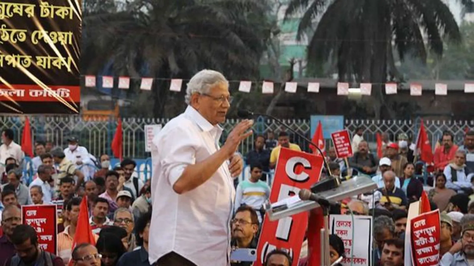 Yechury addressing a gathering during party programme at Rani Rashmoni Avenue in Kolkata. (Express Archive Photo by Partha Paul)