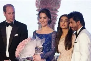 Duchess dazzles in a royal blue glittering number as the royal couple meet Bollywood's who's who at the gala dinner in Mumbai