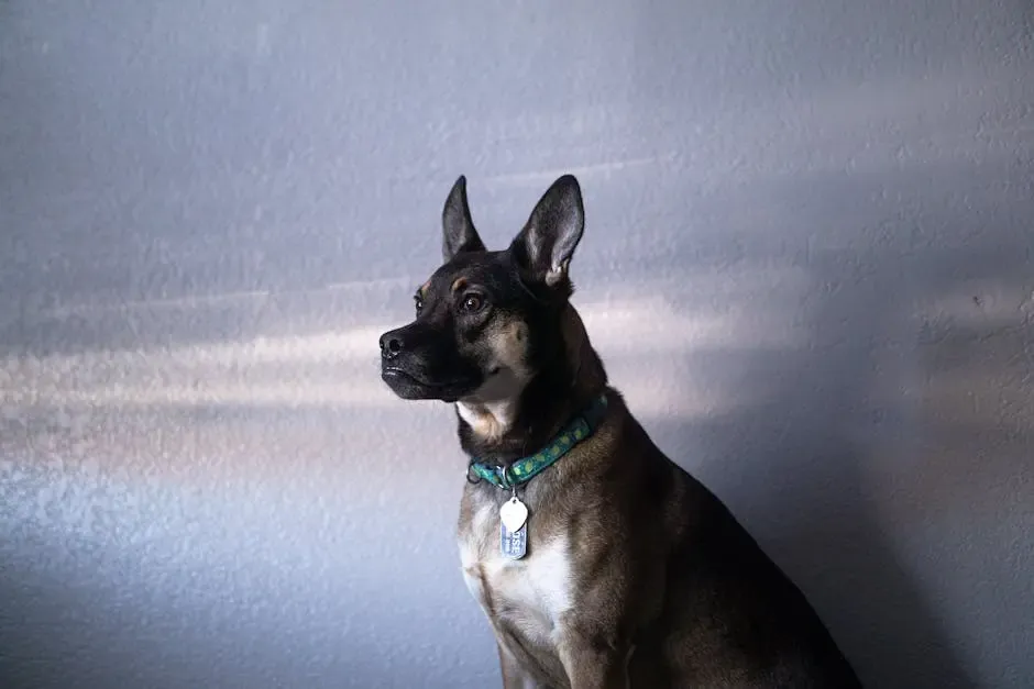 A dog sits indoors with a collar, gazing attentively.
