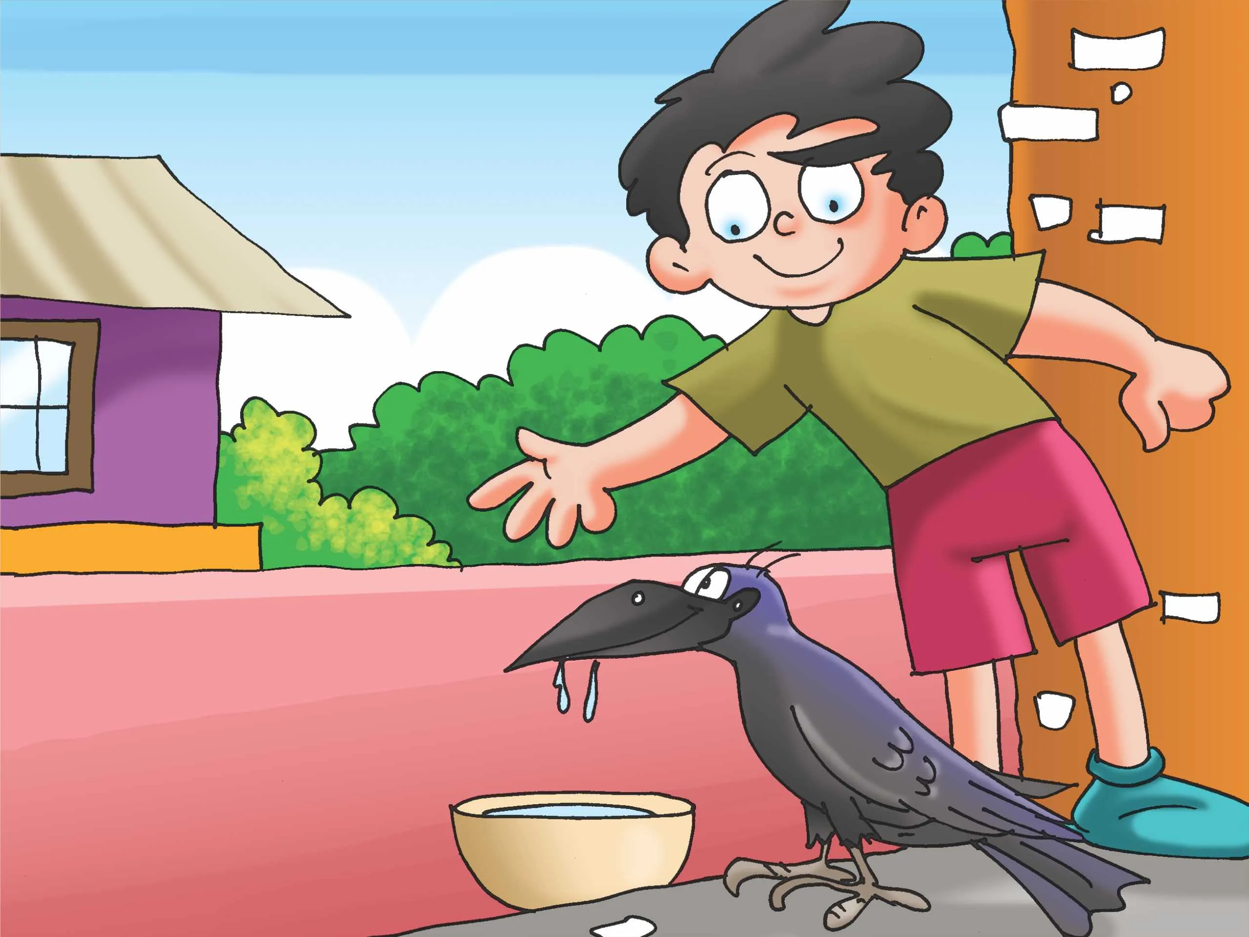 Cartoon image of a crow and a boy