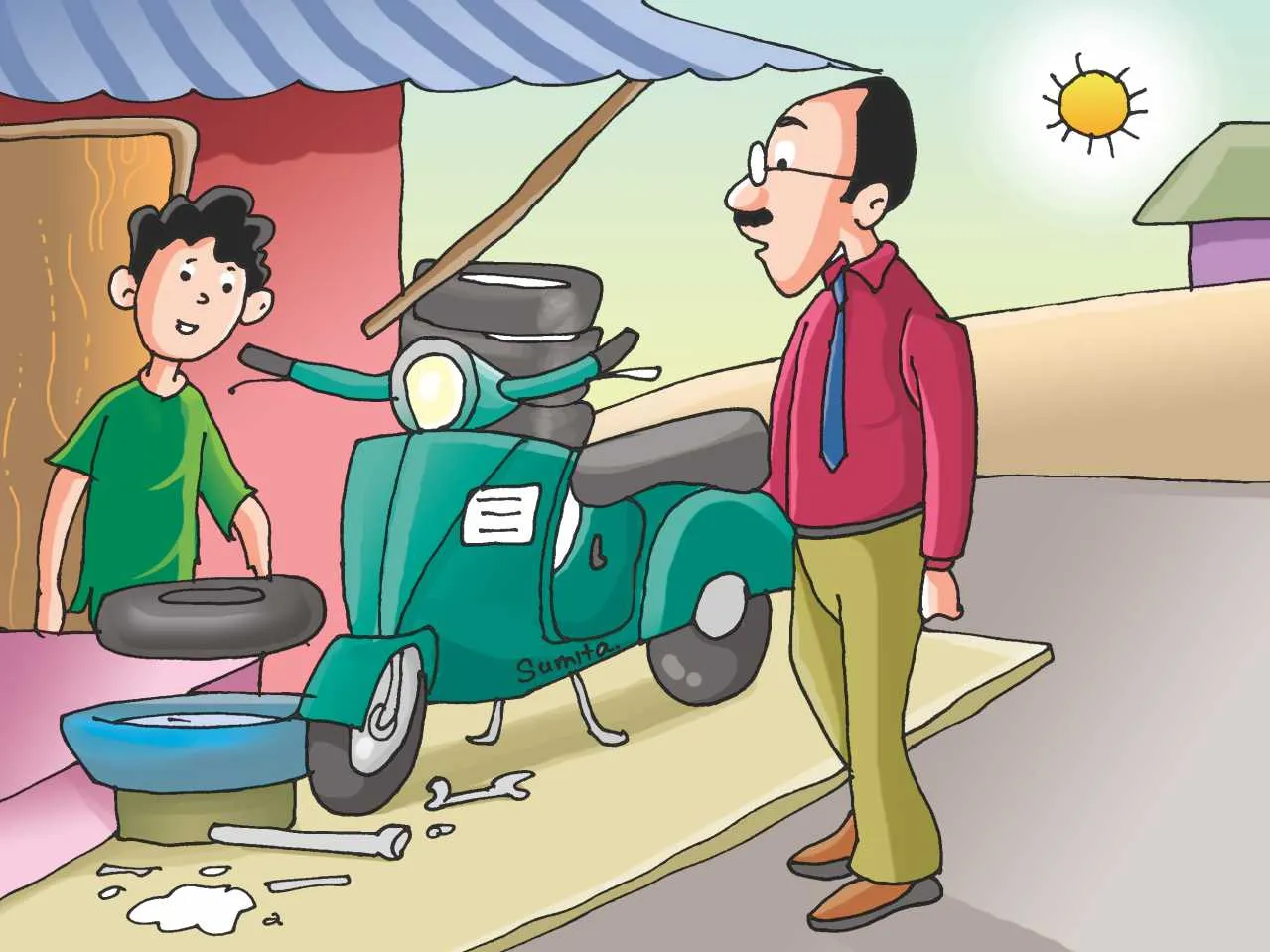 Man at Puncture shop cartoon image