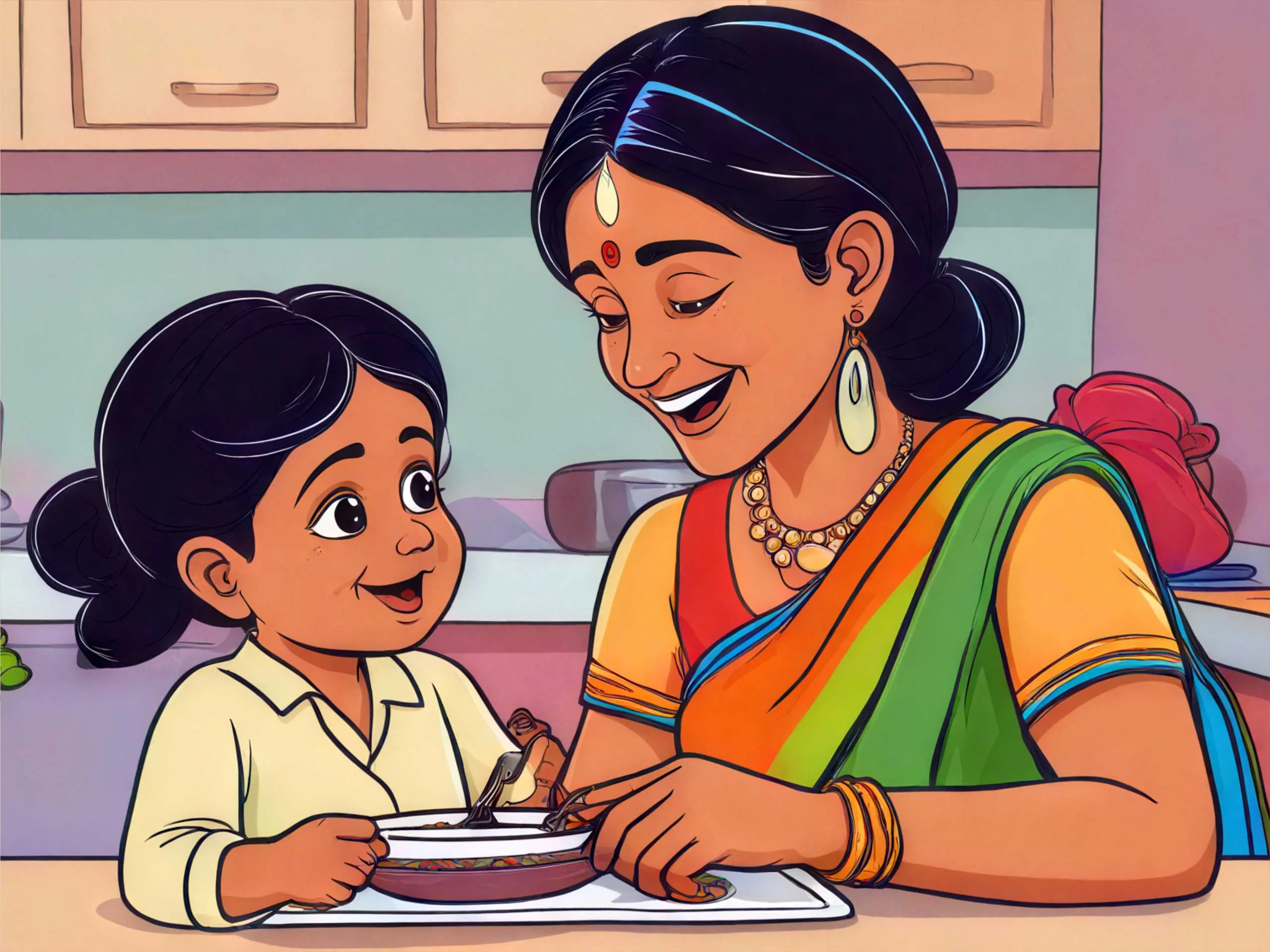 cartoon image of a girl kid with her mother