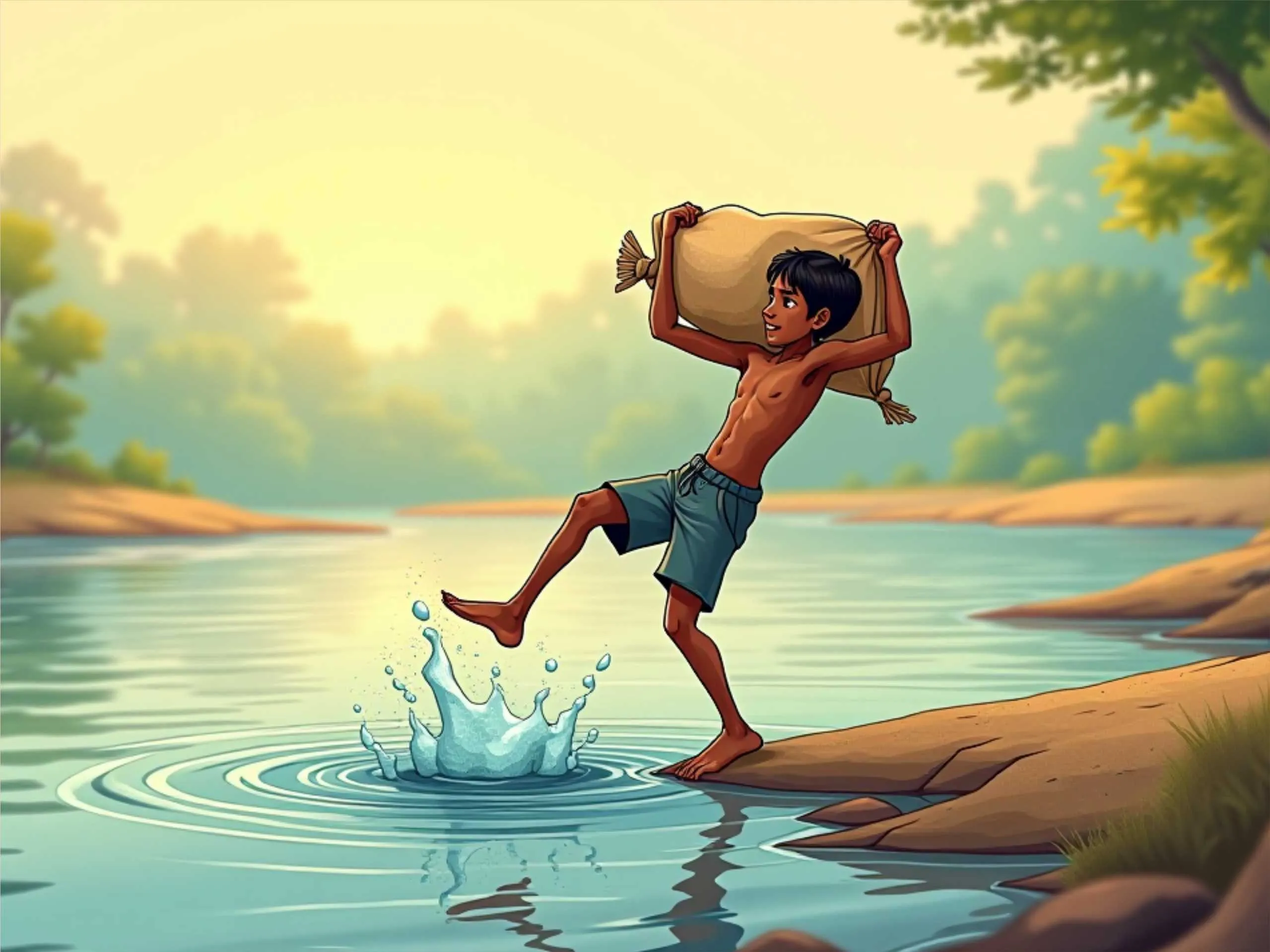 cartoon image of a boy near a river