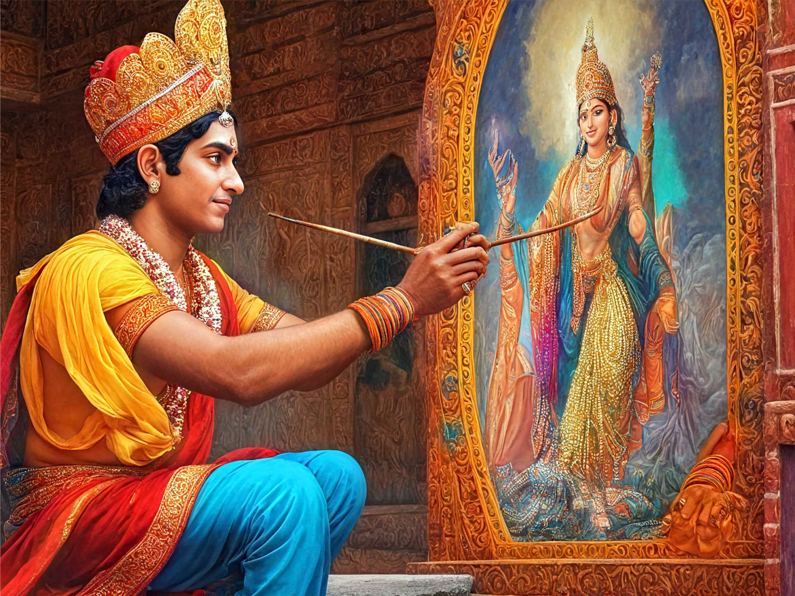 cartoon image of indian king doing painting